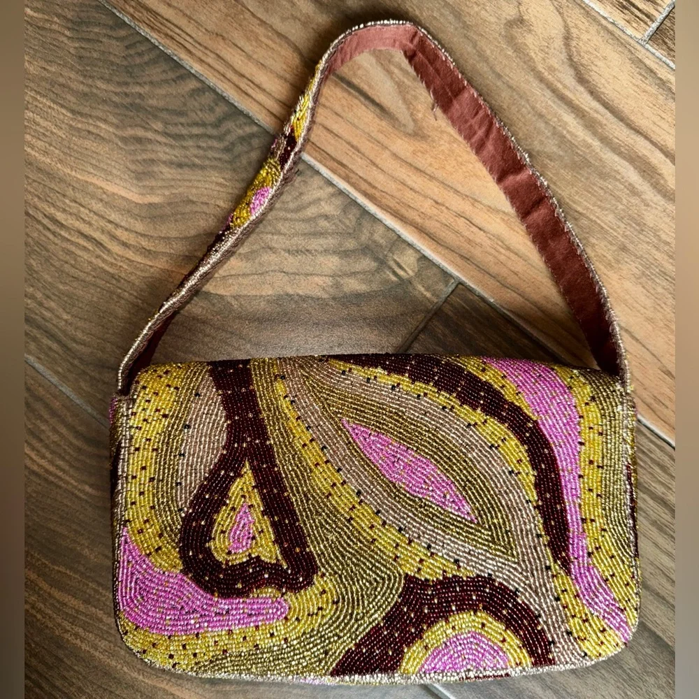 America & Beyond Plum Retro Beaded Shoulder Bag
